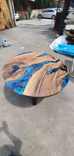 Walnut Dining Table, Custom 48" Diameter Round Wood Blue, Turquoise, White Waves Epoxy Order For Lindsey Chaa