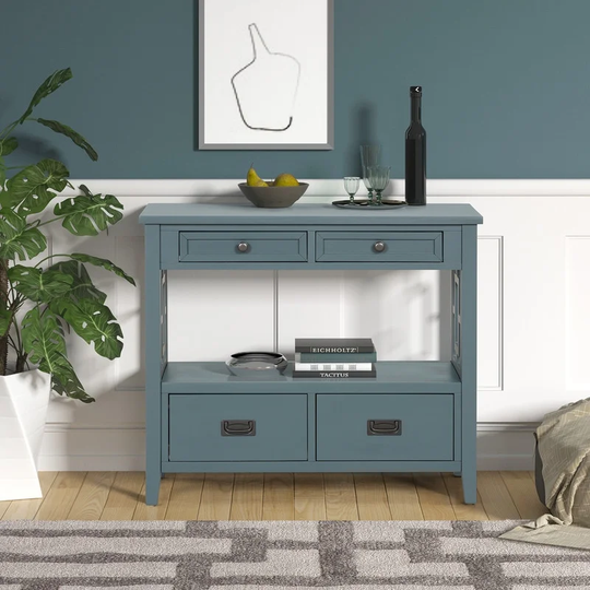 36'' Farmhouse Pine Wood Console Table Entry Sofa Table with 4 Drawers & 1 Storage Shelf