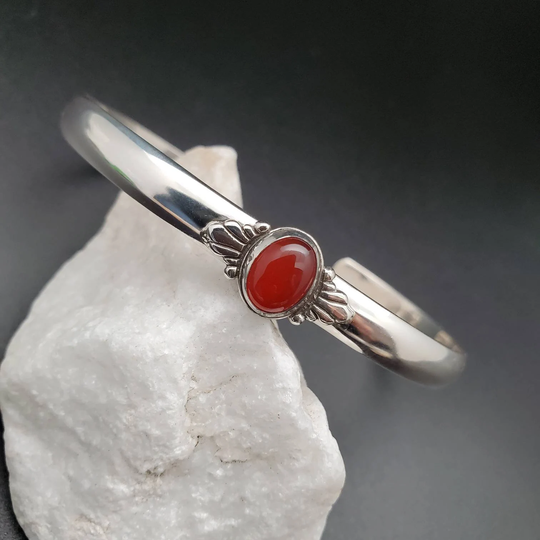 Dainty Carnelian Bangle Bracelet | Healing Cuff Sterling Silver Red Southwest Made in Usa