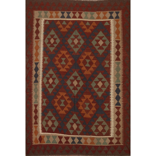 Multi-Color Kilim Area Rug Flat-weave Wool Carpet - 5'0" x 6'7"
