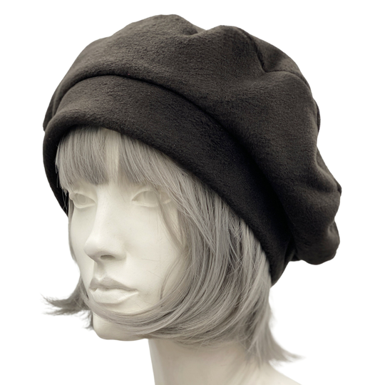 Black Slouch Hat, Fleece Beret For Women, Satin Lined Hat Handmade in The Usa