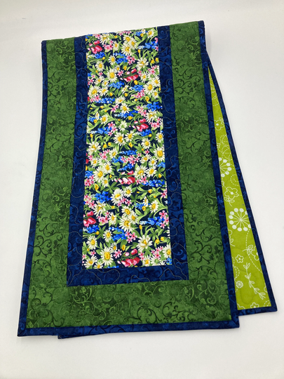 Garden Wildflower Quilted Dining Table Runner Blue Bonnets Daisies, Reversible 13x48" Summer Spring Coffee End Table, Everyday Dresser Scarf