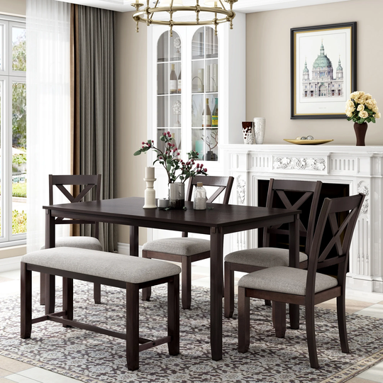 6-Piece Wooden Kitchen Dining Table Set with 4 "X"-Shaped Curved Dining Chair, 1 Rectangular Table and Bench, Espresso