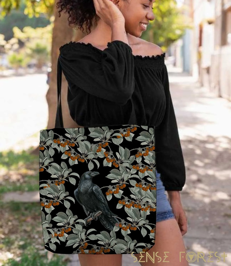 Cottagecore Tote Bag, Forest Witch Cherry Bush Crow Mystical Tote, Boho Wicca Bag, Pagan Occult Aesthetic Art Polyester Black Tote Bag