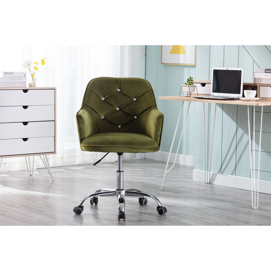 Green Velvet Upholstered Office Chair, Swivel Shell Chair with Tufted Back and Armrests, Adjustable Seat Height