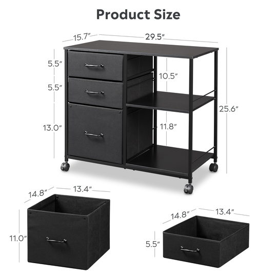 Mobile File Cabinet , Rolling Printer Stand with Open Storage shelves and 3 Drawers