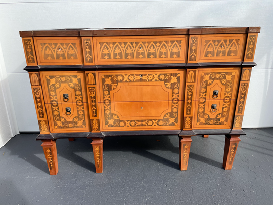 Vintage Stenciled Wood Marquetry Style Italian Sideboard Credenza Lion Head Detailing Working Keys Mid Century Traditional Neoclassical