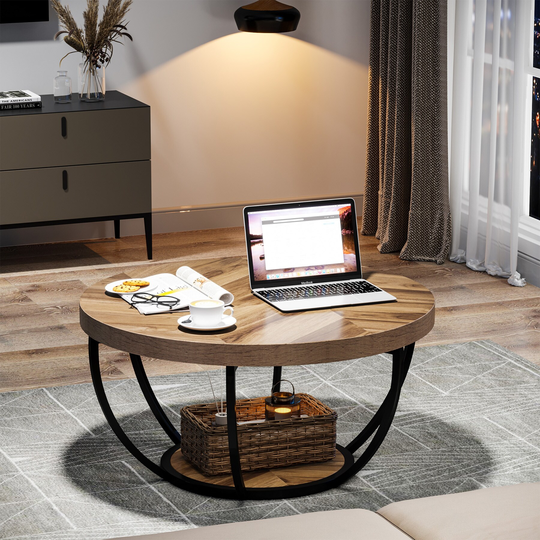 Round Coffee Table, Modern 2-Tier Center Table - Wood