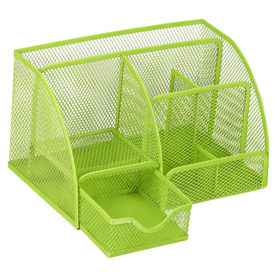 Pen Holder, Metal 6-Slot and 1 Drawer Oval Pencil Desktop Organizer, Green