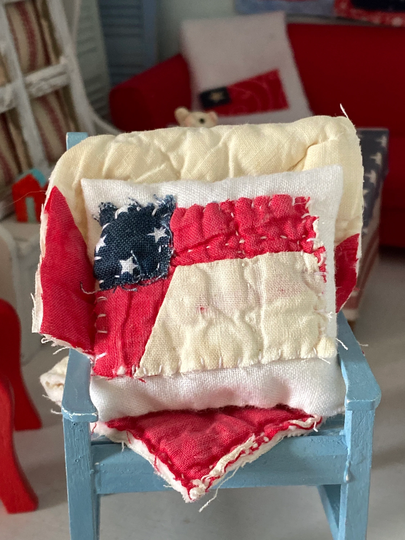 Miniature Chair Blue With Vintage Prim Flag Pillow & Throw