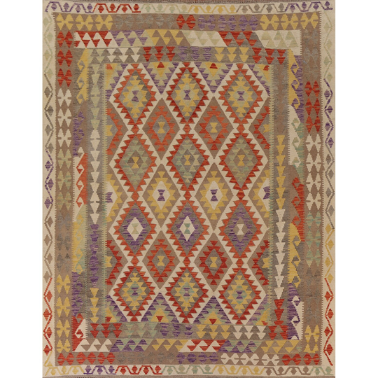 Multi-Color Geometric Kilim Reversible Area Rug Hand-woven Wool Carpet - 8'2"x 9'10"