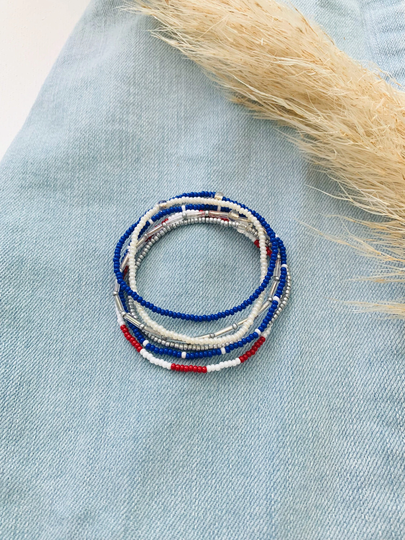 Patriotic Stretch Bracelet Set, Seed Bead Bracelet, Small Beaded Bracelets, American Red White & Blue, Minimalist, Handmade