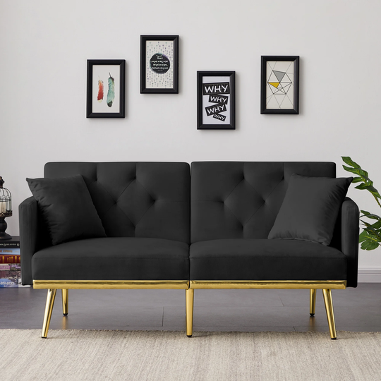 Velvet Padded Sofa Bed Seat Convertible Futon Loveseat Sleeper Sofa Adjustable Backrest Couch Bed with 6 Metal Legs Support