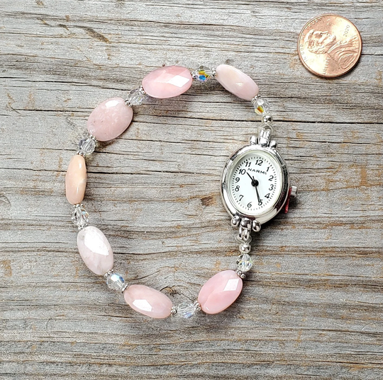 Pink Opal & Swarovski Crystal Watch, Very Durable Stretchy Band, Multiple Sizes Available