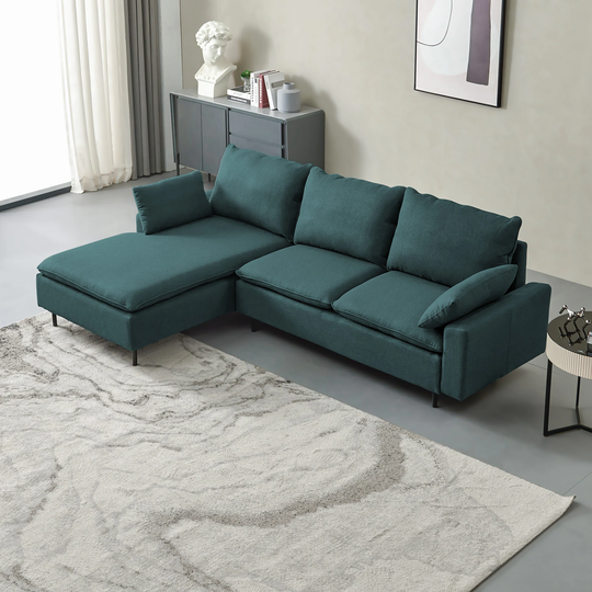 L-Shape Linen Sectional Sofa, Square Arms Sectional Sofa Couch with Right Chaise & 2 Pillows for Living Room, Small Apartment