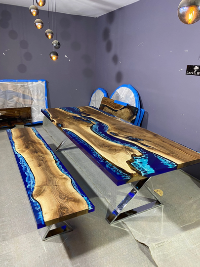 Epoxy Dining Table, Ocean Custom 108" X 42" Walnut Blue, Turquoise White Waves River Table Order For Christy