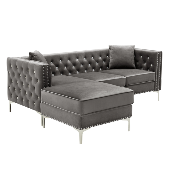 L Shaped Reversible Velvet Sectional Sofa with Jeweled Buttons Square Arms&2 Pillows