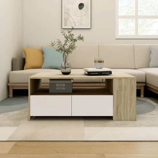 Coffee Table White and Sonoma Oak 40.2"x21.7"x16.5" Engineered Wood