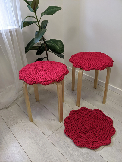 Red Chair Pad Rustic Recycled Rope Crochet - Cotton Braided Seat Cushions Frower Shape Deck Patio