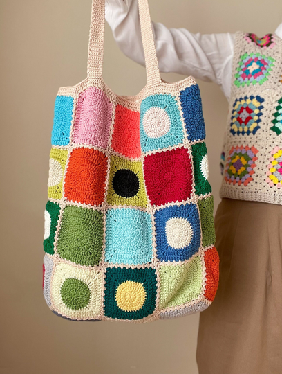 Crochet Colorful Circle Granny Square Shoulder Bag, Large Boho Retro Chic Festival Xl Polka Dot Tote Hippie Summer Bag