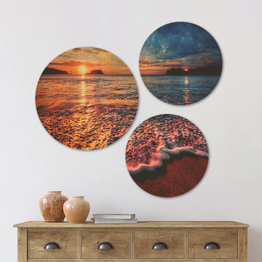 Designart 'Peaceful Evening Beach View' Seascape Wood Wall Art Set of 3 Circles - Multi-Color