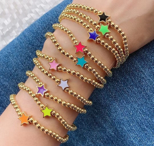 5-10Pcs, Gold Color Ball Beads Bracelet With Enamel, Star Charm Colorful Beaded