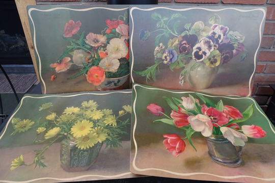 Set Of Four Table Placemats Famous Artist Series Florals By Julia Bach, Vintage Fibre & Printed Paper Washable Place Mats in Box