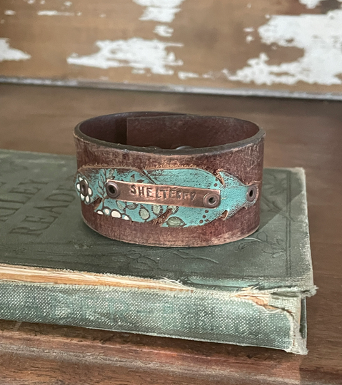 Leather Art CuffHand Painted-Sheltered -stacked Leather-Feathers-Medium-6 Inch Wrist