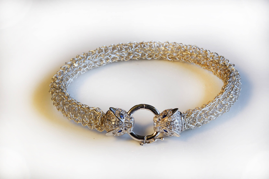 Panther Head Silver Bangle Bracelet, Statement Bracelet, Luxury Cuff Chunky Layered Bracelet