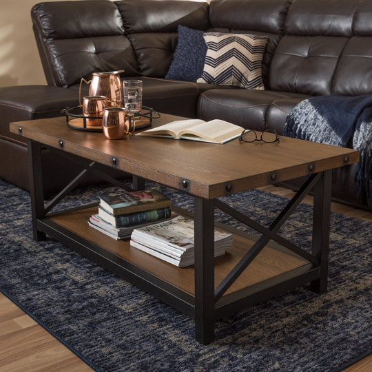 Baxton Studio Lykouros Industrial Black Metal and Distressed Wood Tables