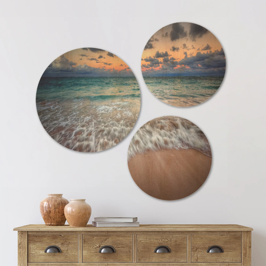 Designart 'Waves Crashing Serene Seashore' Seascape Wood Wall Art Set of 3 Circles - Multi-Color