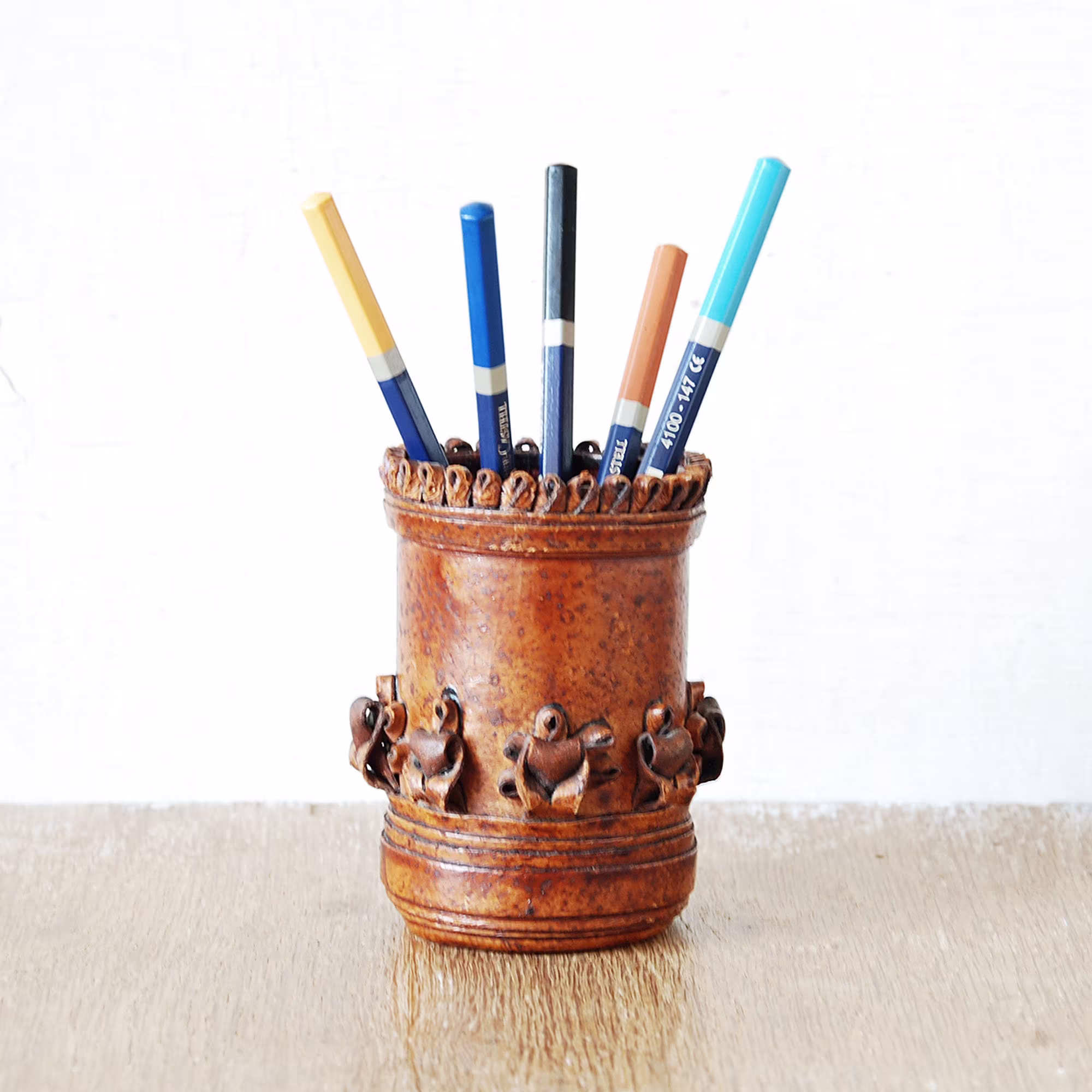 Handmade Tooled Leather Pen Stand, Stationary Pencil Holder, Vintage Desk Organizer