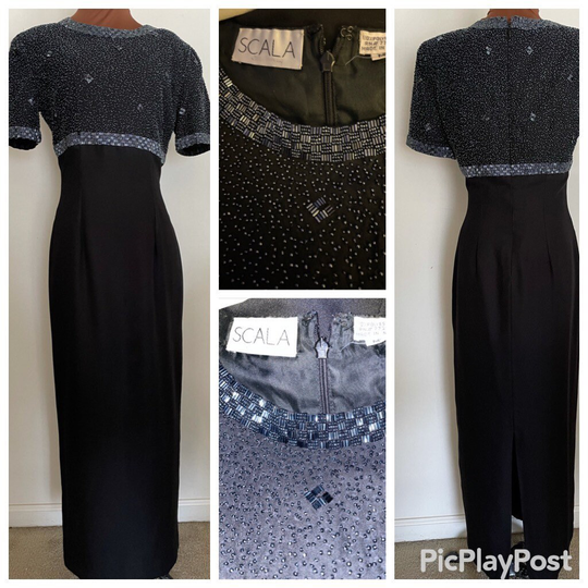 Beautiful Black Pencil Dress With Deep Blue Beaded Bodice That Reflects Differently As Light Changes By Scala Medium