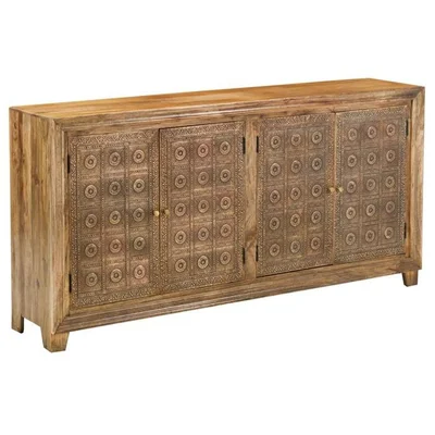 80 Inch Rustic Wood Base, Carved Brass Doors Sideboard Accent Cabinet