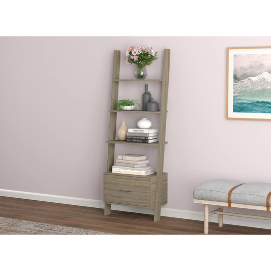 Wall Shelf 69H Dark Taupe 3 Shelves 1 Drawer - 15.63" x 24.8" x 68.9"