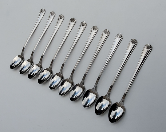 Cambridge Stainless Victoria Pattern Set Of 10 Iced Tea Spoons - Dessert Glossy Finish 7.375" Rounded Plume Handle Design