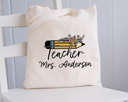 Custom Pencil Flower Design Teacher Bag, Gift Cotton Personalized Bag, Teacher Appreciation Tote Bag