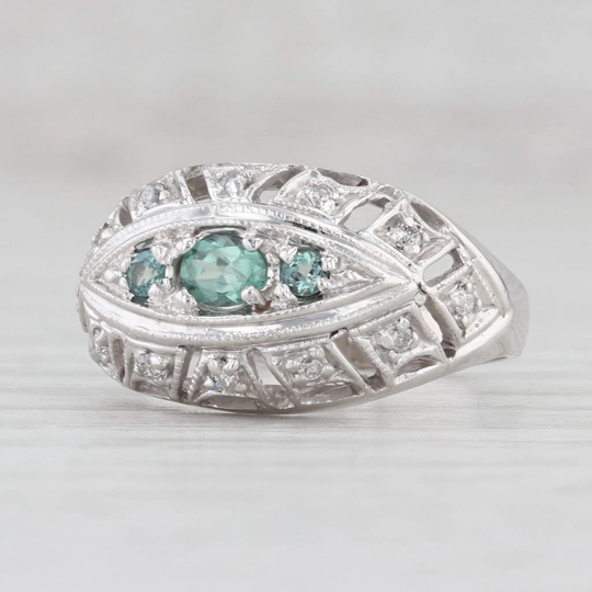Vintage 0.38Ctw Green Color Change Alexandrite Diamond Ring 14K White Gold Sz 7