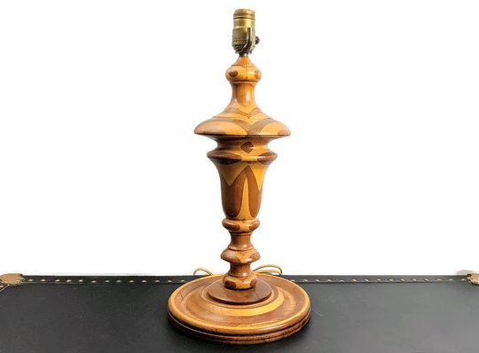 Vintage Inlaid Wood Hand Turned Table Lamp