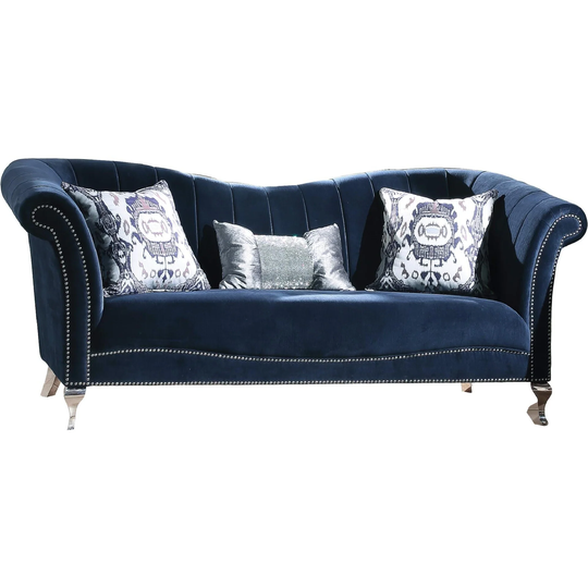 Vintage Style Velvet and Acrylic Sofa with 3 Pillows, Blue