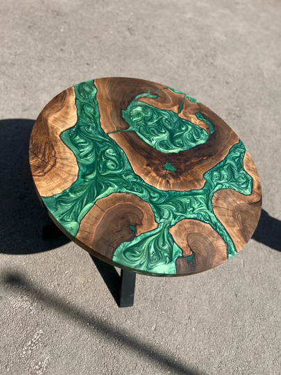 Round Dining Table, Live Edge Custom 40" Diameter Walnut Wood Metallic Emerald Green Epoxy Order For Donny