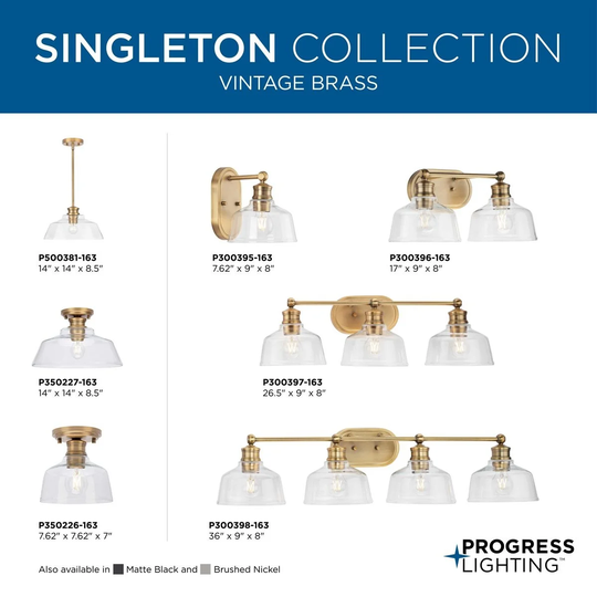 Singleton Collection 1-Light 14 in. Vintage Brass Medium Semi-Flush Mount Light with Clear Glass Shade