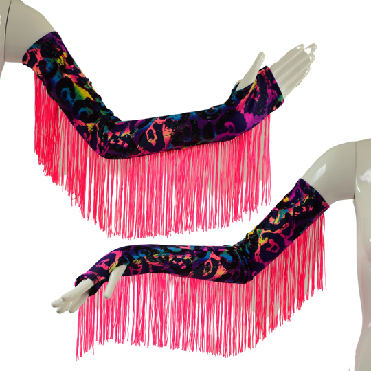 Rainbow Leopard Fingerless Arm Warmer Gloves With Thumbholes & Neon Pink Fringe 1579177