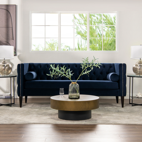 Diane Upholstered Bench Seat Tufted Tuxedo Sofa, Dark Navy Blue