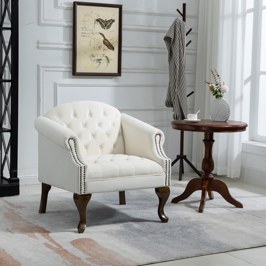 Beige Upholstered Accent Chair with Wood Legs, Velvet