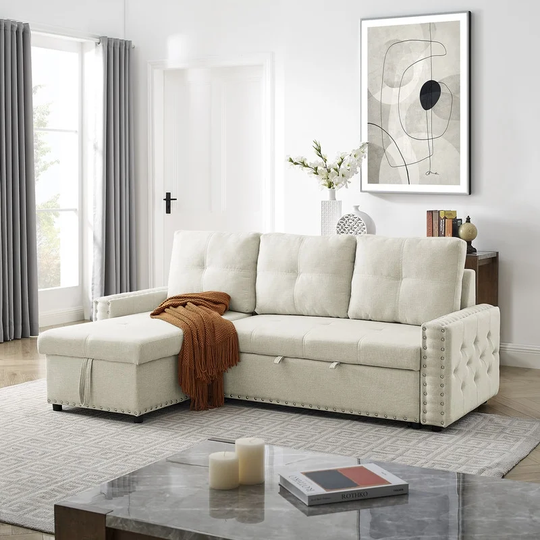 85 inch Sectional Sofa with Pulled Out Bed with Storage, Beige
