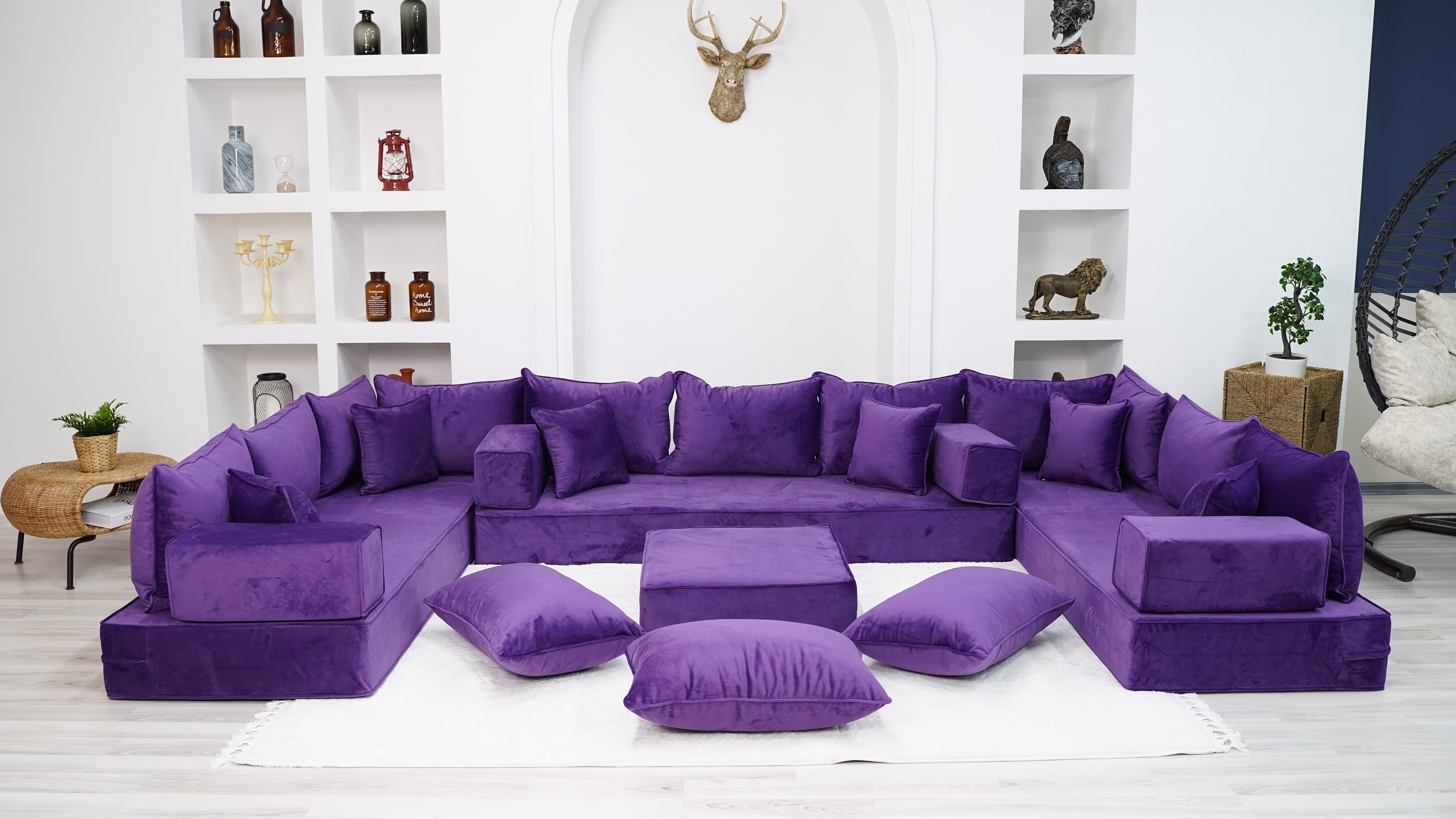 8" Thickness Velvet Purple U Shaped Floor Seating Sofas, Velvet Fabric Cushions, Moroccan Home Decor Livingroom Arabic Sofa