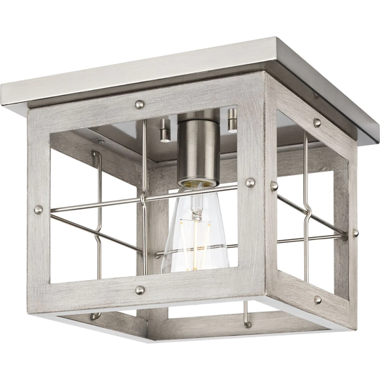 Hedgerow Collection 1-Light Grey Washed Oak Farmhouse Flush Mount Ceiling Light - 10.375 in x 10.375 in x 8 in