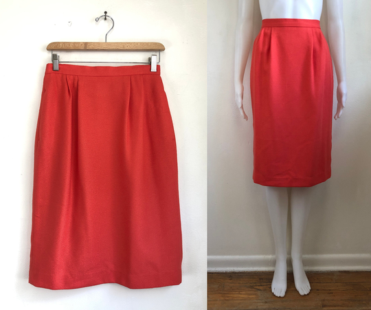 Vintage Bright Orange Pencil Skirt | 80S Crepe Straight Cut With Pockets Womens Size Small 27-28" Waist