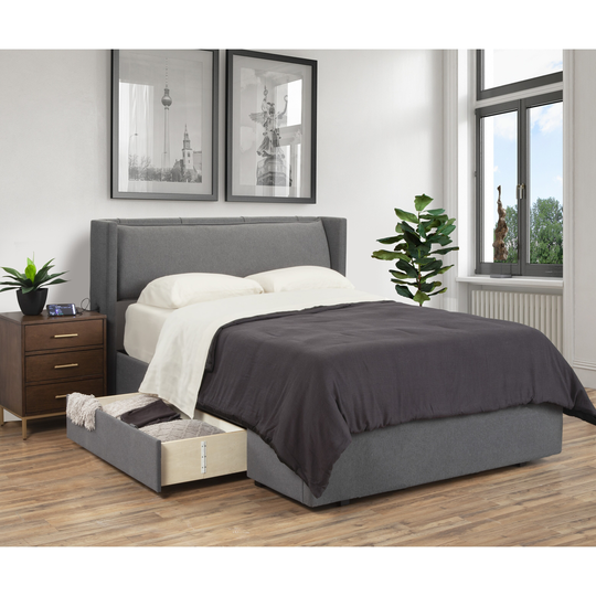 Republic Design House Pillowed Headboard Upholstered 2 Drawer Storage Bed, Grey Polyester